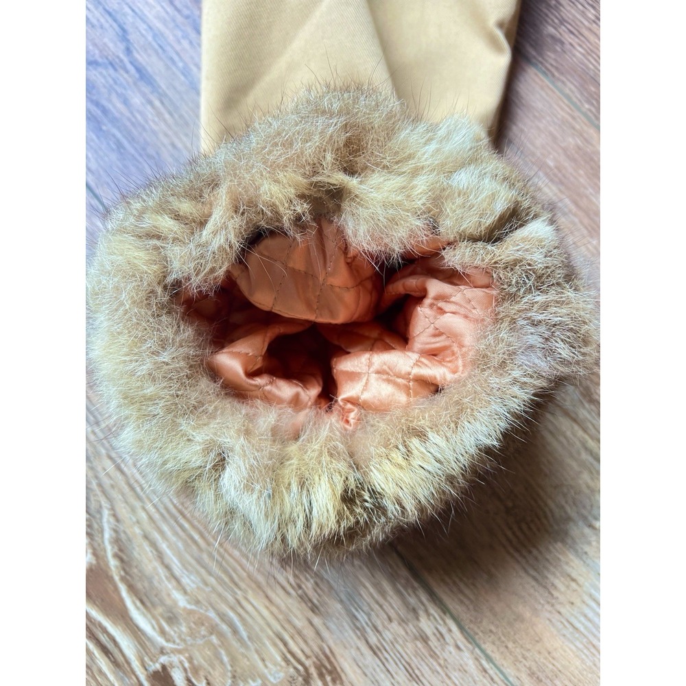 Vintage 60s 70s Tan Coat Genuine Fur Trim Quilted Lining Belted Mod Camel M/L - Picture 13 of 13